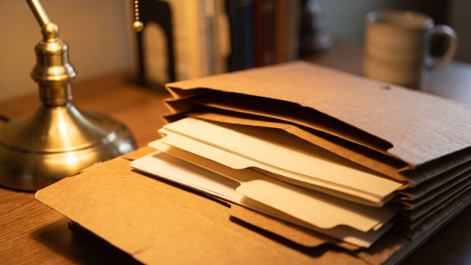 An open brown accordion file folder holding blank papers on a desk under the warm light of a brass desk lamp