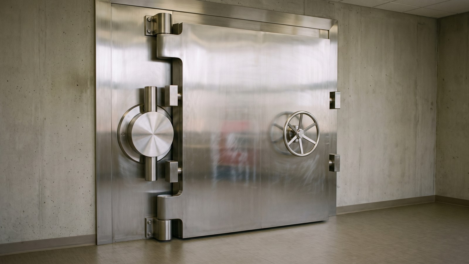 A closed stainless steel bank vault door with a spoked handle wheel set into a plain concrete wall