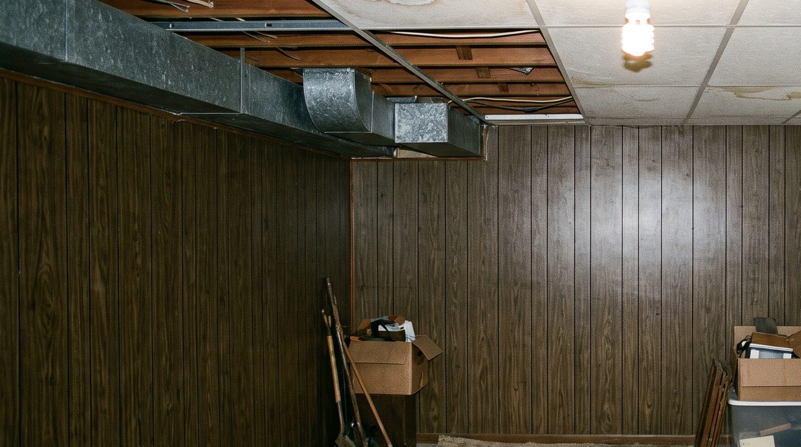 A finished basement room with wood panelling and a drop ceiling, one corner open showing joists, ductwork and loose wiring