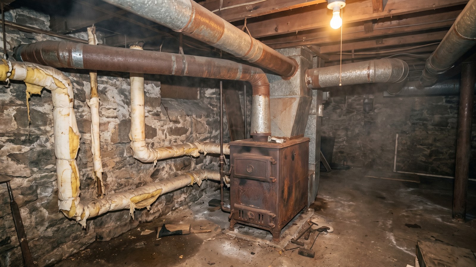 An old basement with a furnace and heating pipes wrapped in aged, torn fabric insulation