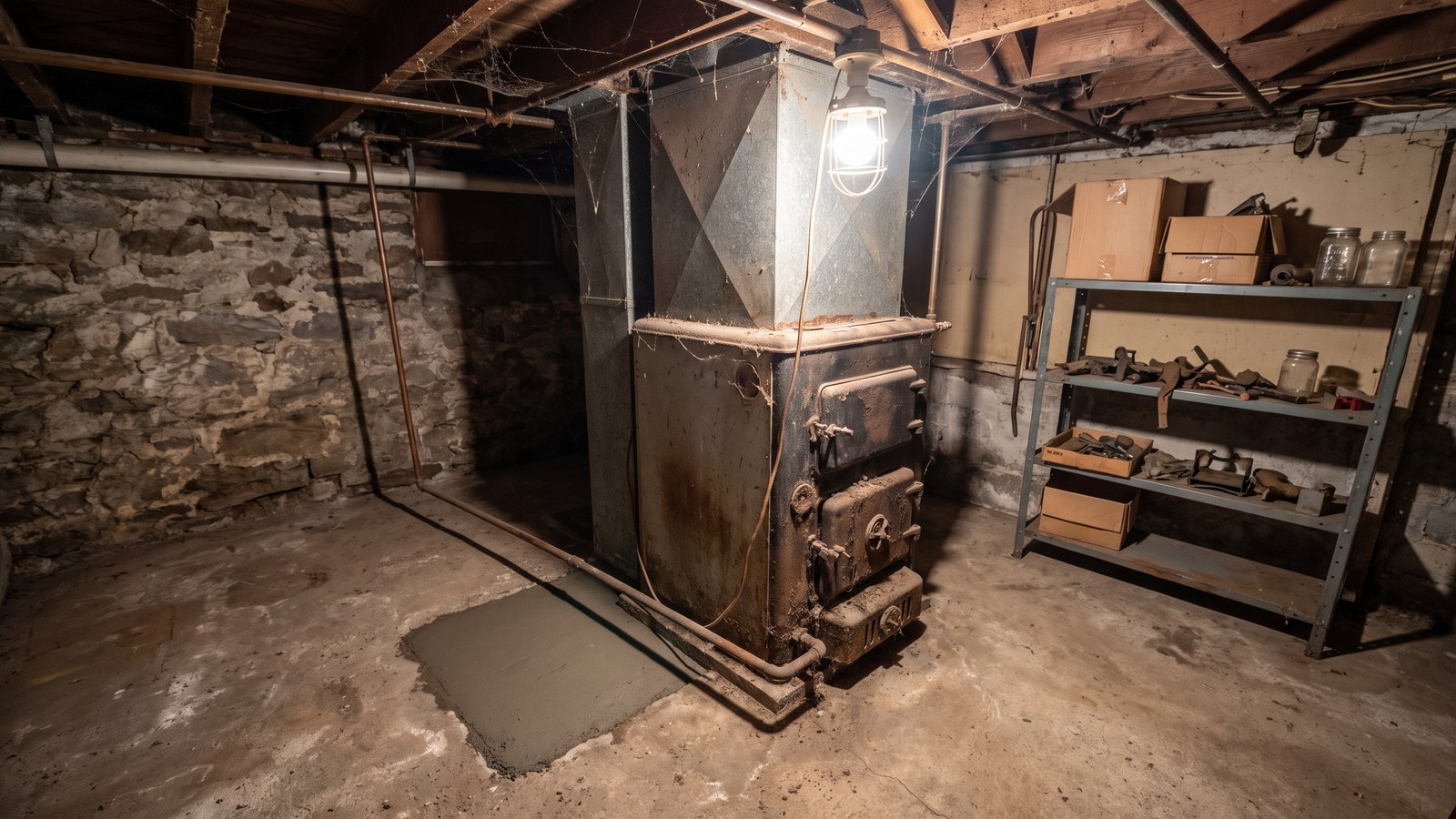 An old oil-fired furnace in a stone-walled basement with a copper supply line running along the wall to the floor, a patched area in the concrete floor and a metal storage shelf