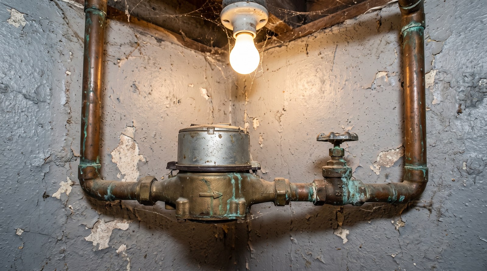 An old brass water meter and shutoff valve on copper pipework against a peeling basement wall