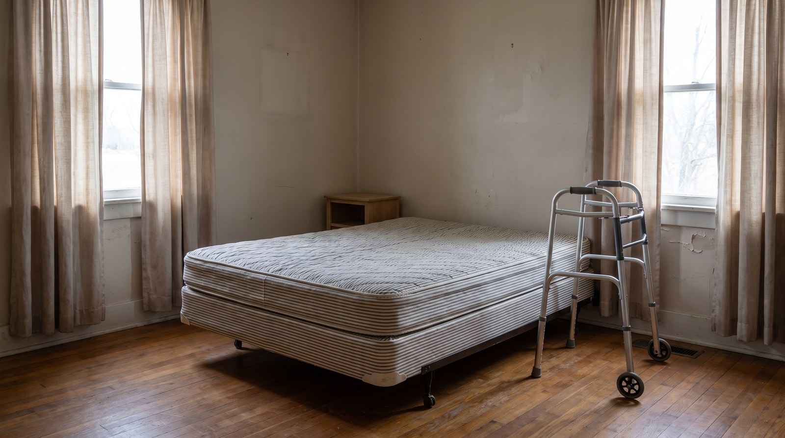 An empty bedroom in an older Ohio house, the bed stripped and a folding walker standing beside it