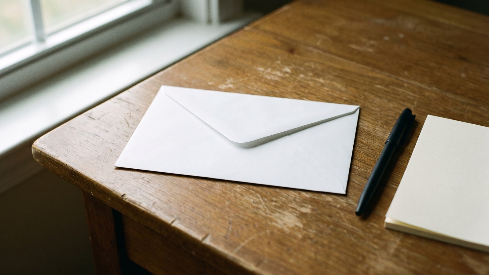 A plain blank white envelope on a wooden desk beside a black pen and a small stack of blank paper