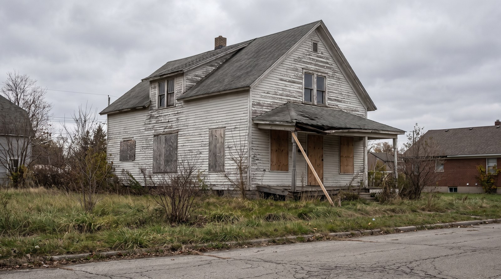 A vacant two-storey wood-frame house with plywood over the ground-floor windows, peeling paint, a sagging porch roof and long unmown grass