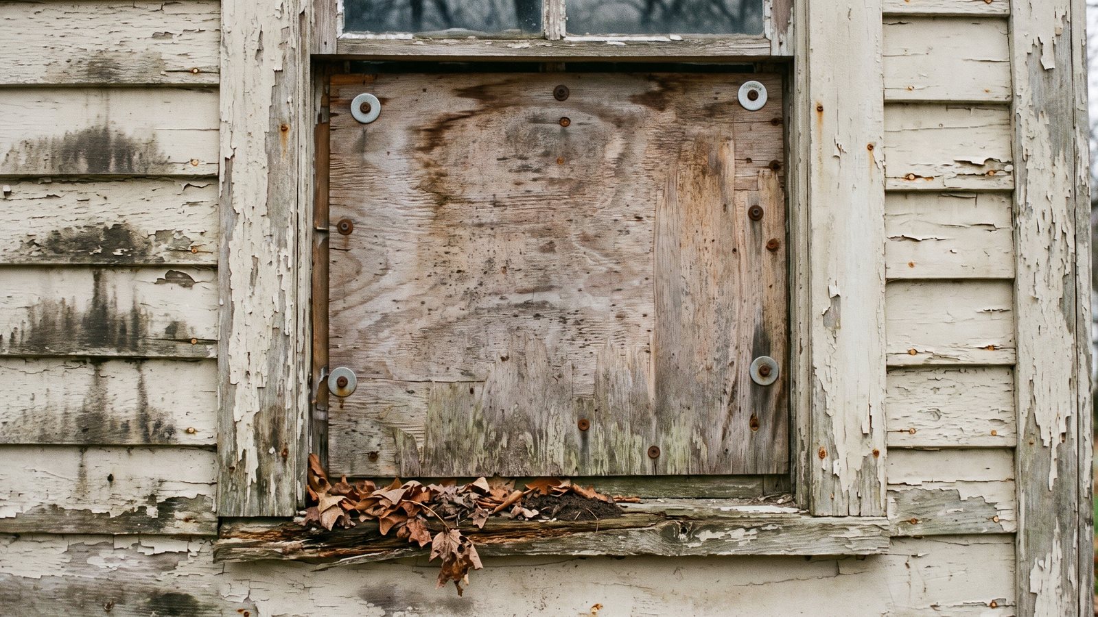A ground-floor window on an old house boarded over with weathered plywood screwed flat to the frame