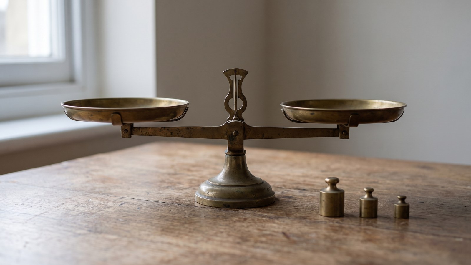 An antique brass balance scale with empty pans standing on a bare wooden desk beside three small plain weights