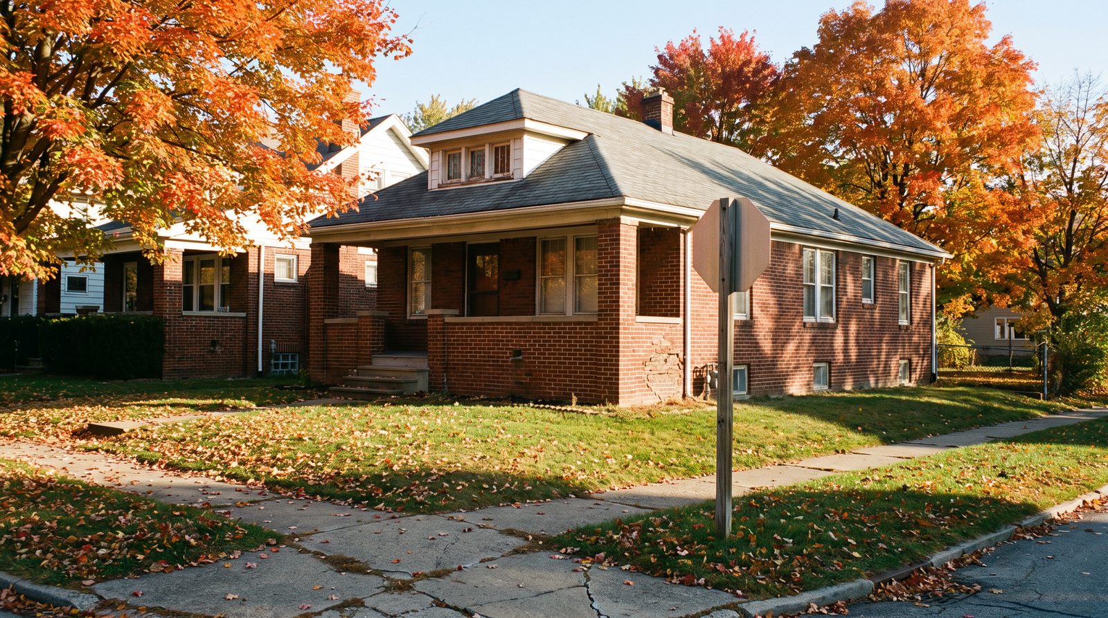 A modest older brick bungalow on a corner lot on a clear autumn day, with fallen leaves on the lawn and maple trees turning orange