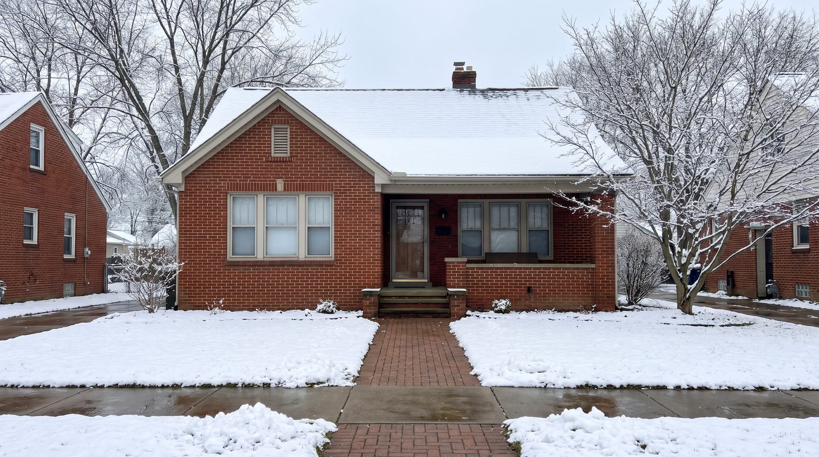 A red brick bungalow after a light snowfall, with a shoveled front walk and bare trees in gray winter light
