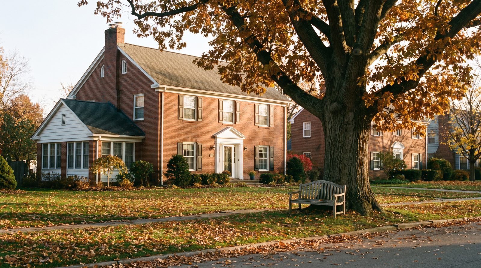 A well-kept older red brick colonial house in late autumn, with a wooden garden bench under a large oak tree in the front yard