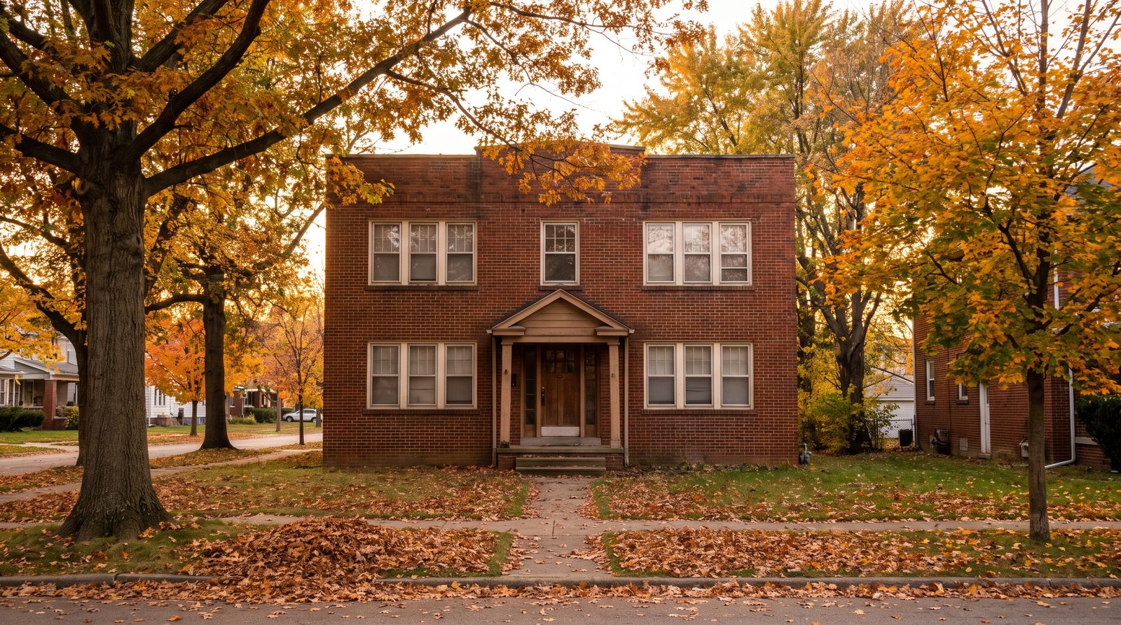 A small older two-story brick four-unit apartment building with a symmetrical front entry on a tree-lined street in autumn