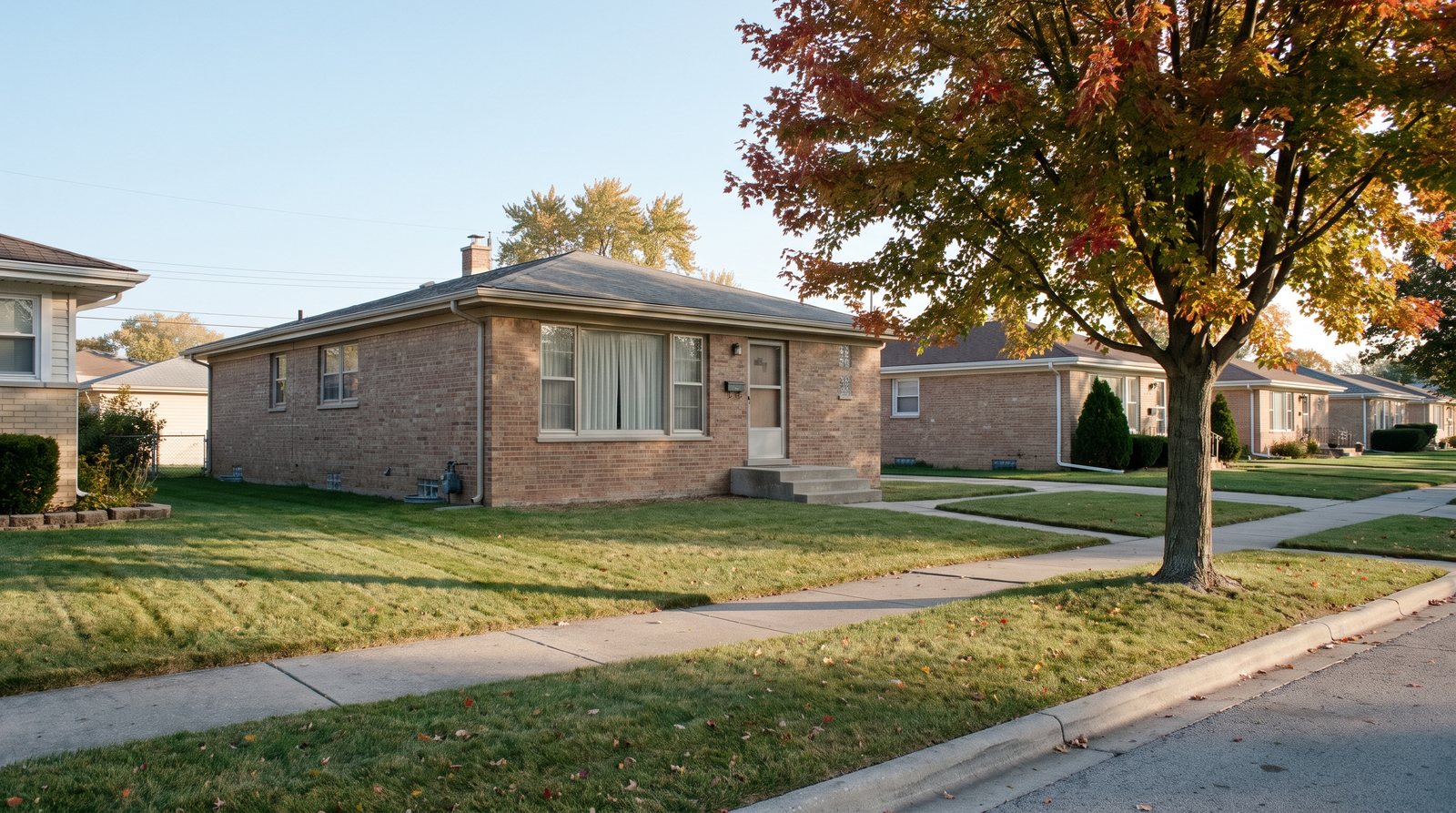 A modest single-storey brick ranch house on an ordinary street with a maple turning colour at the kerb