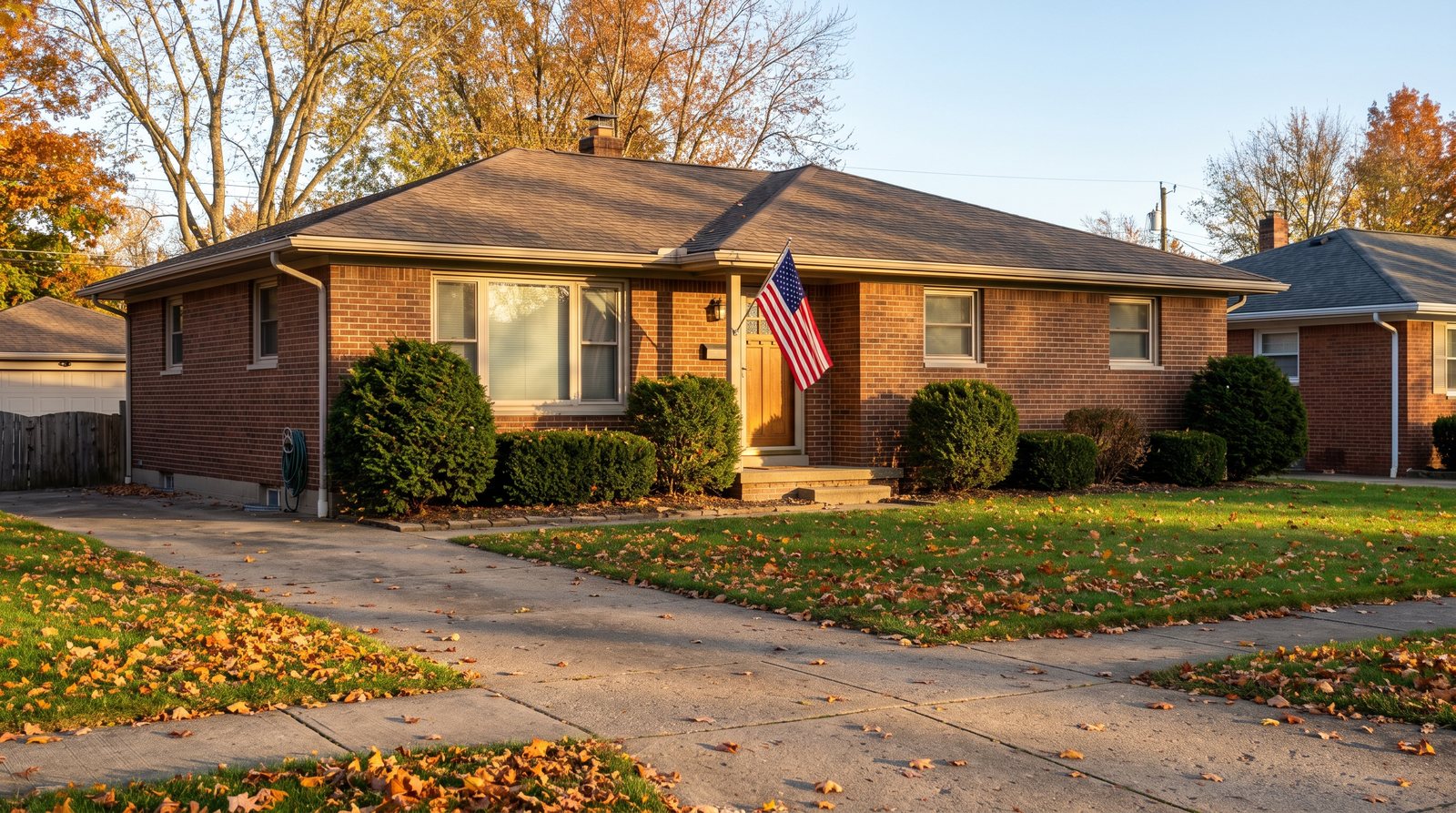 A tidy brick ranch house in a suburb in autumn, with an American flag on a short pole beside the front door and trimmed shrubs