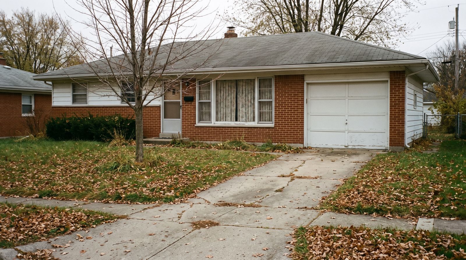 A modest brick ranch house with drawn curtains, an empty driveway and a leaf-covered lawn on an overcast autumn day