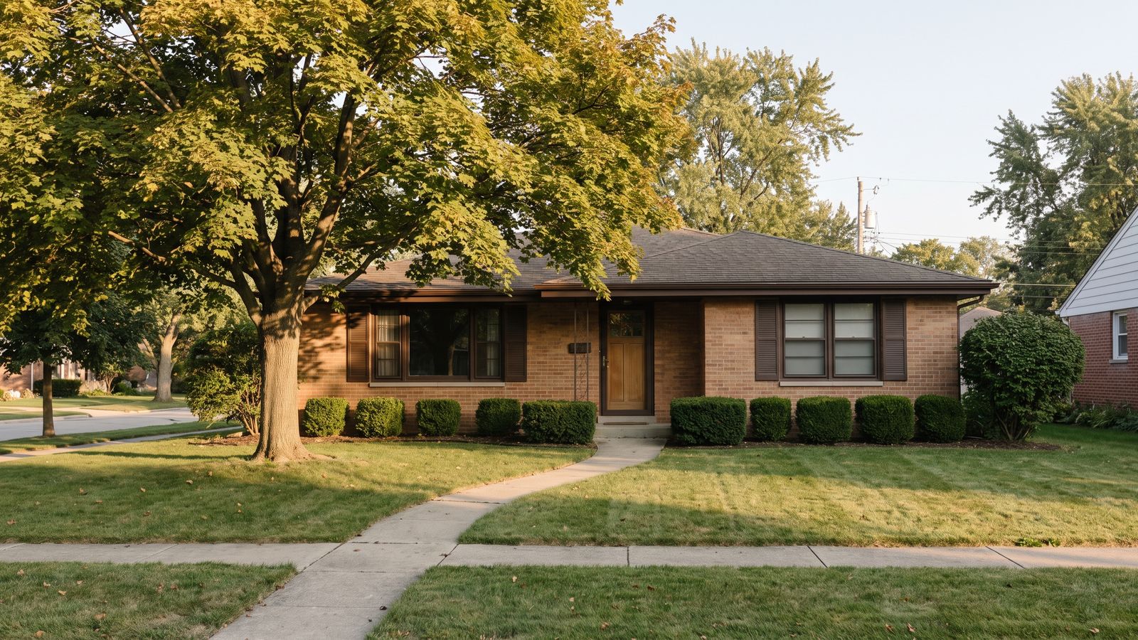 A modest single-storey brick ranch house on a quiet street with clipped shrubs and a mature maple casting shade across a tidy lawn