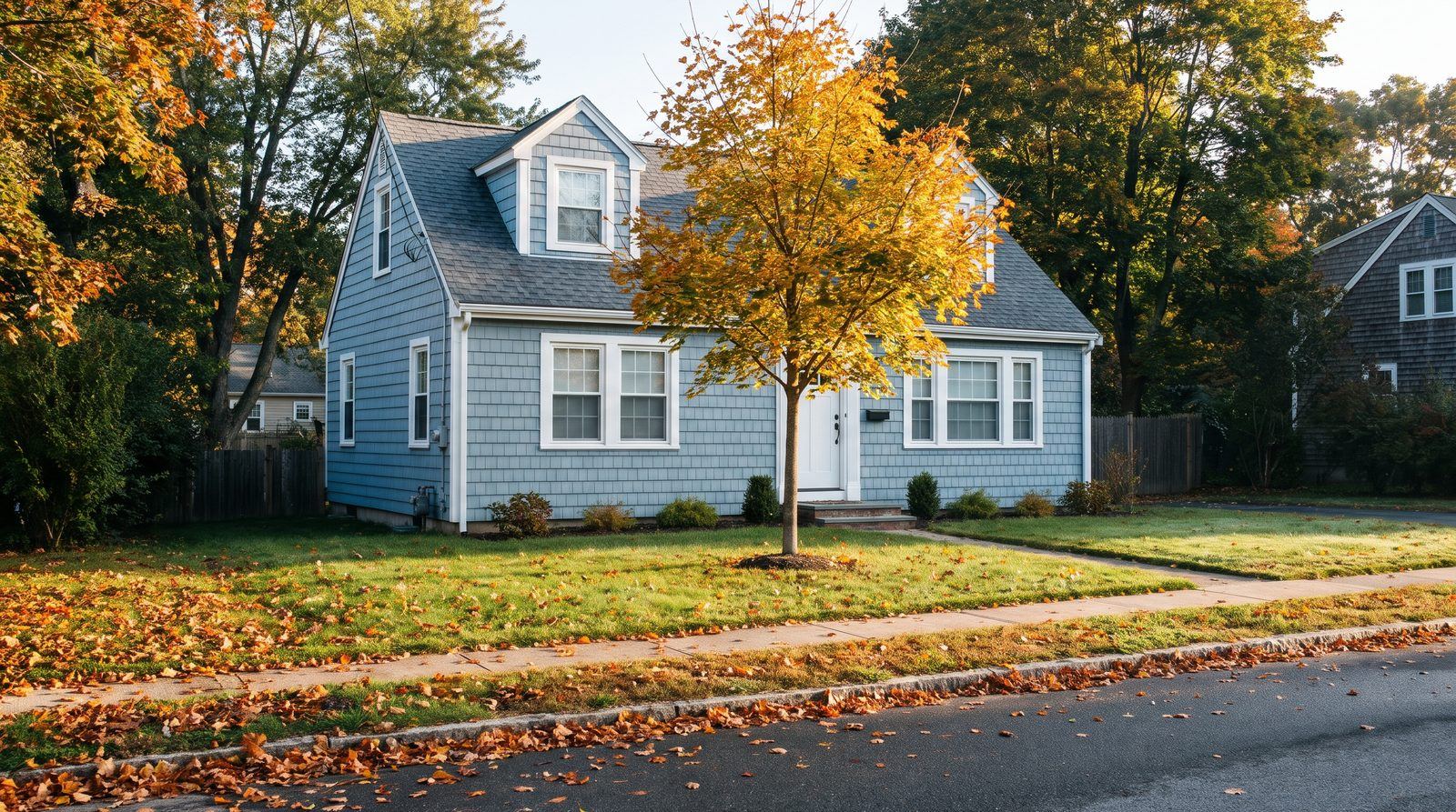 A small Cape Cod style starter home with light blue siding and white trim, a young tree in the front lawn, on a clear autumn morning