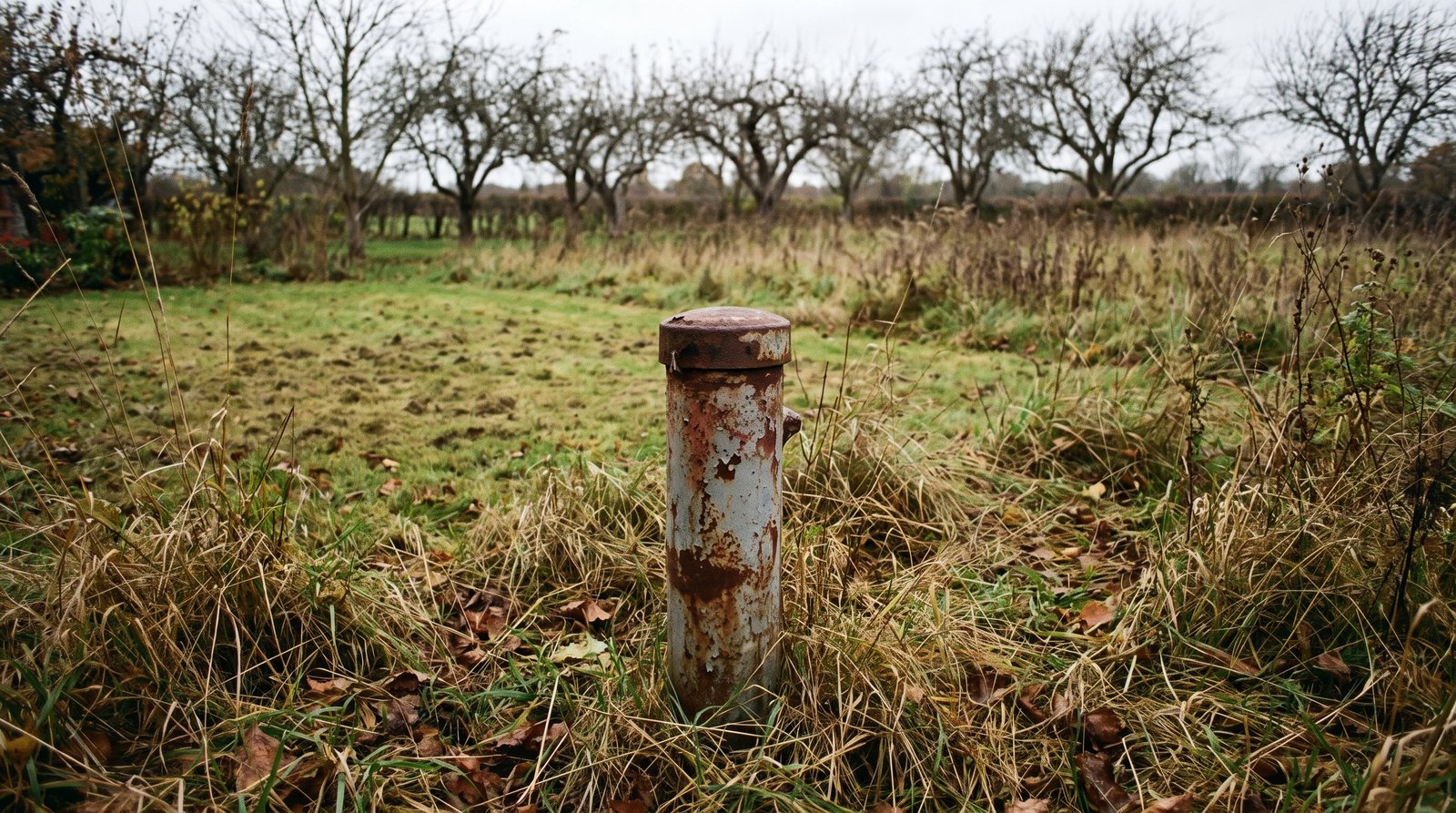 An old capped steel wellhead pipe standing in rough grass where a mown garden meets an overgrown field
