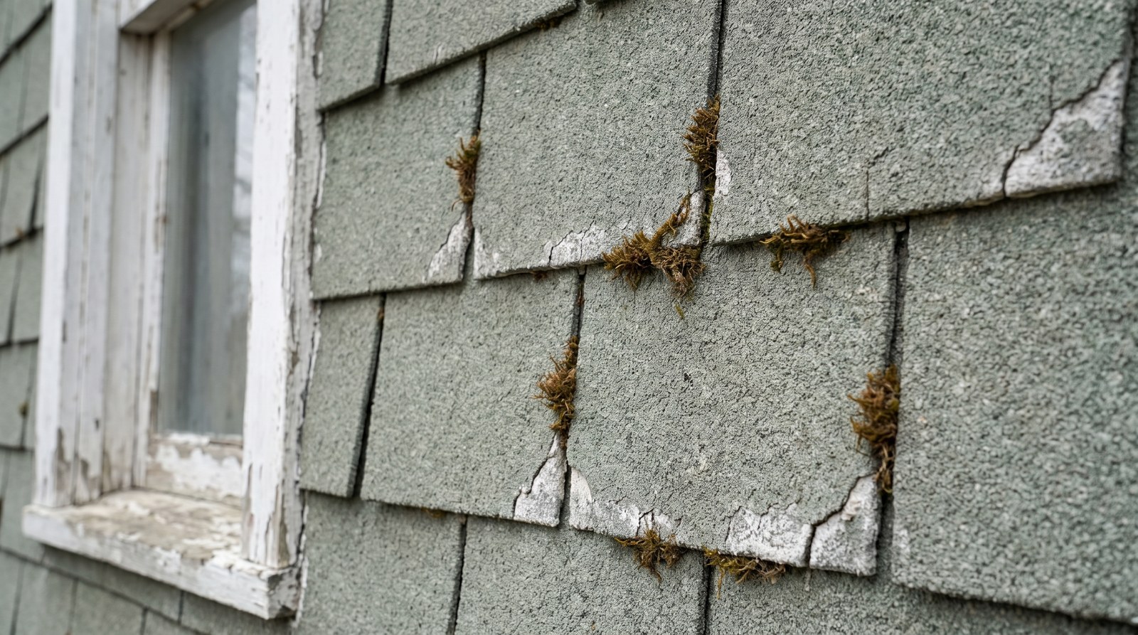 Weathered grey-green cement shingle siding on an older house, chipped at the edges with moss in the seams