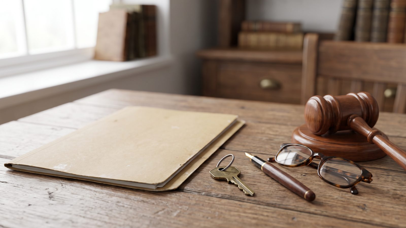 A closed manila folder, a brass house key, a pen, reading glasses and a wooden gavel on a desk in soft window light
