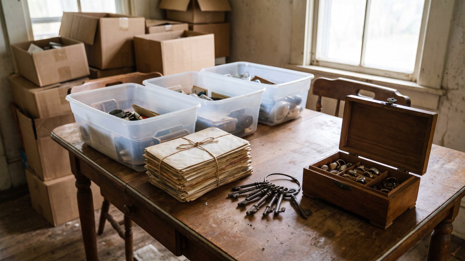 A wooden kitchen table set up for sorting during a cleanout, with three clear plastic bins of small items, a stack of old envelopes tied with string, a ring of old keys and an open jewelry box of rings, with cardboard boxes stacked behind