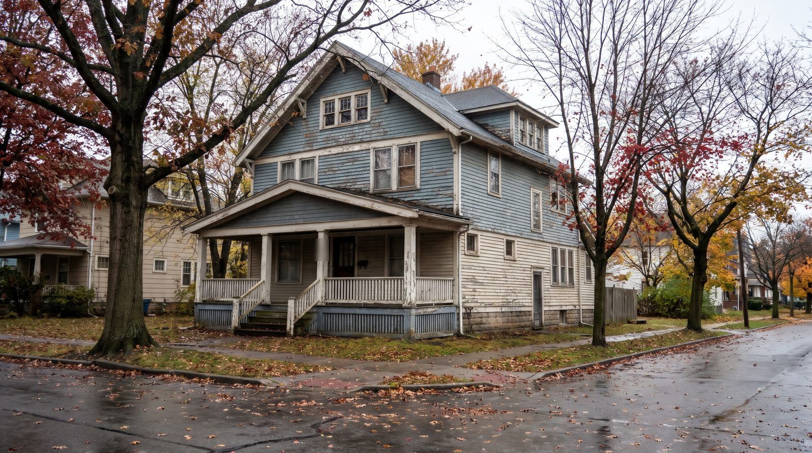 An older wood-frame rental house with a wide front porch and painted railings on a Cleveland side street under overcast autumn skies