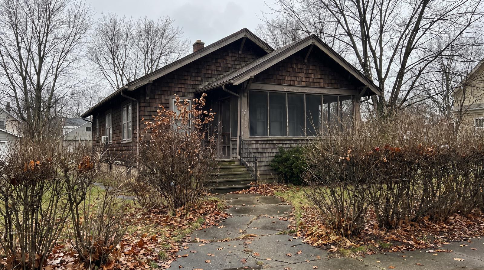 A modest older bungalow with an enclosed front porch and slightly overgrown hedges in gray late-autumn light, with damp leaves on the walk