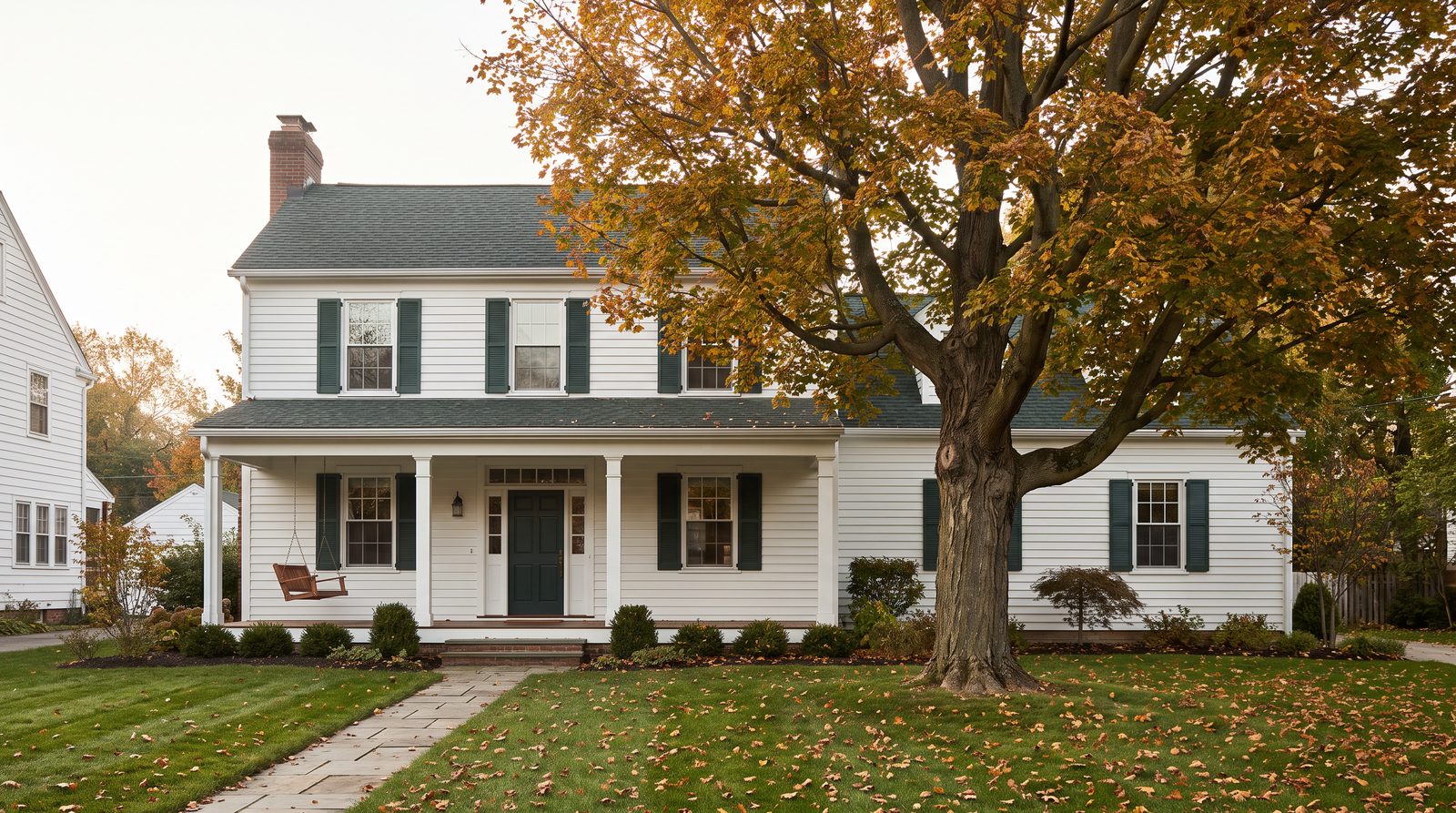A well-kept older colonial house with a front porch and a large tree on a Cleveland street in soft October morning light