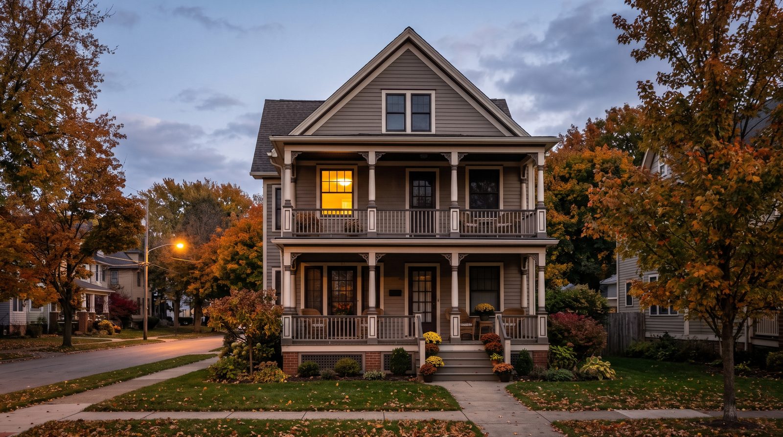 A Cleveland two-family house with stacked front porches at early evening, with one upstairs window lit and autumn trees along the street