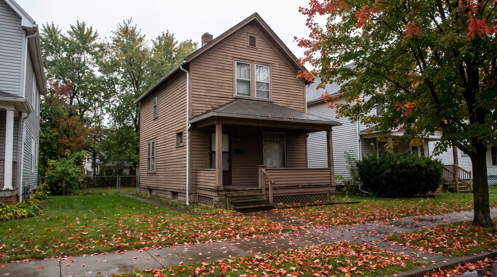 A modest two-story wood-sided house on a quiet Cleveland street on an overcast fall day, with maple leaves on the lawn
