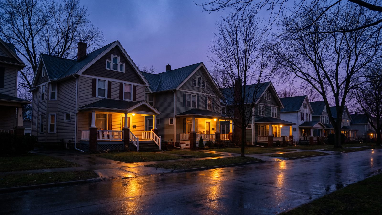 A quiet residential street of older two-story homes at dusk after rain, with wet pavement reflecting warm porch lights