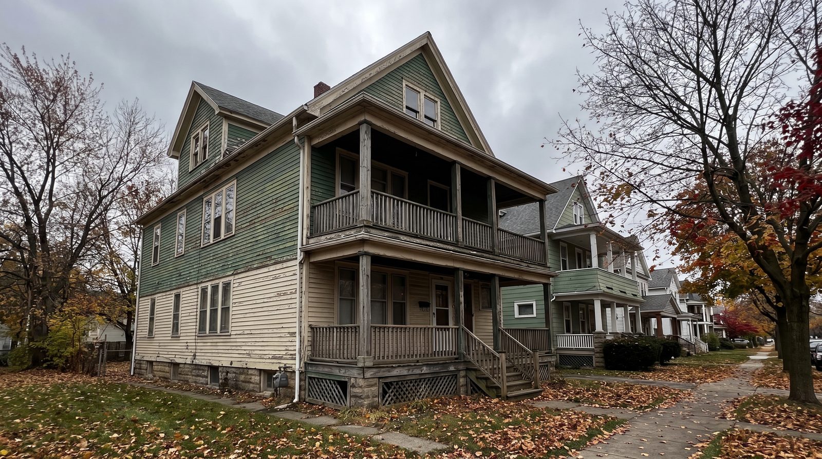 A classic Cleveland up-and-down two-family house with stacked front porches on the first and second floors, on a quiet street in autumn