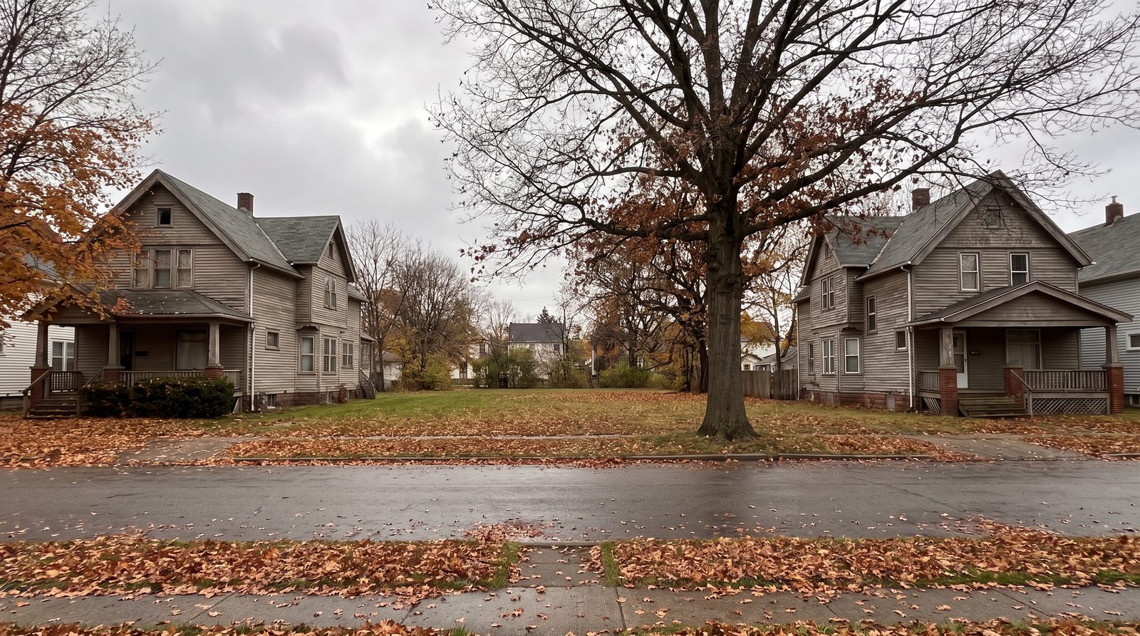 A grassy vacant lot with a mature tree between two older houses on a quiet residential street under an overcast autumn sky