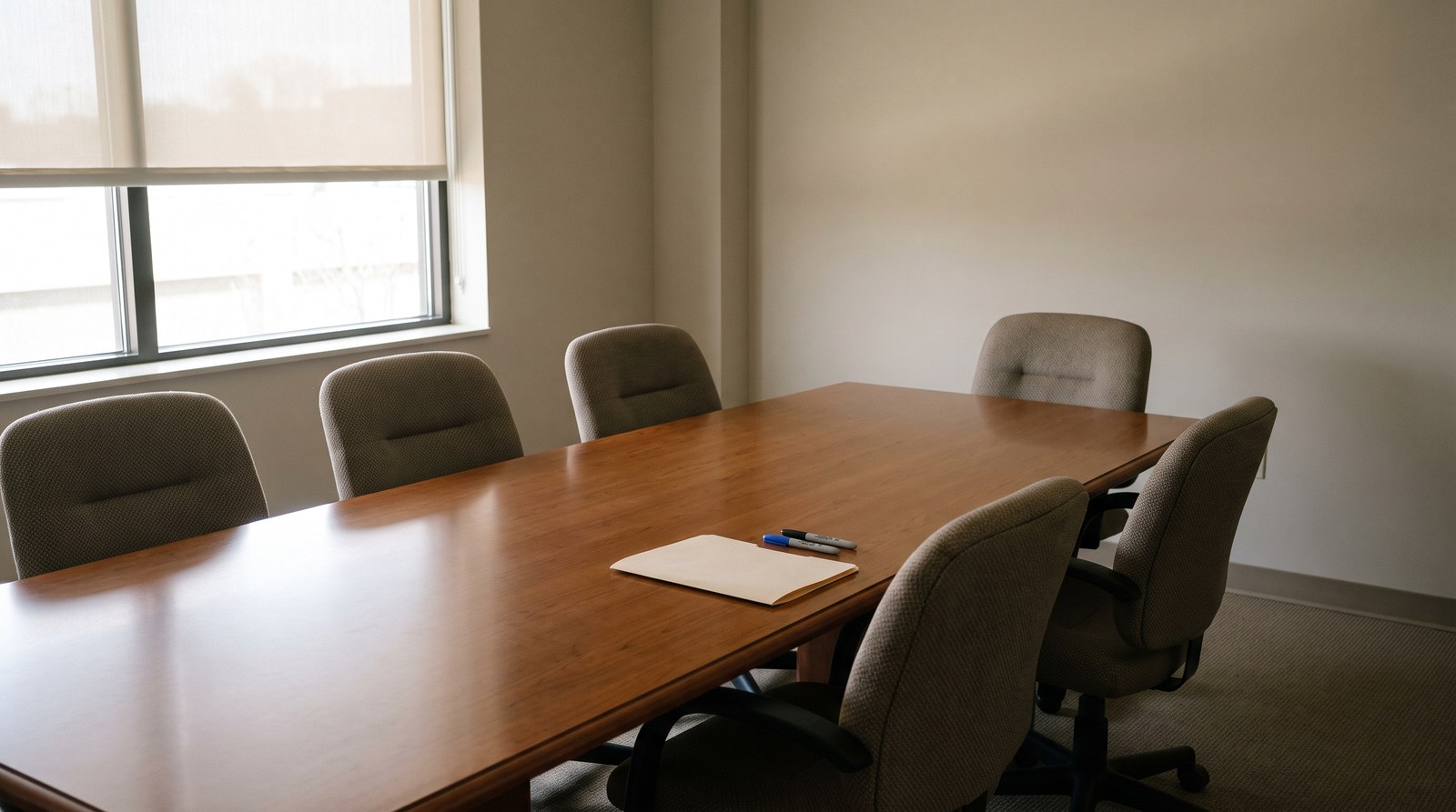 An empty closing room with a long polished table, chairs pushed in, and a closed folder and two pens at one place