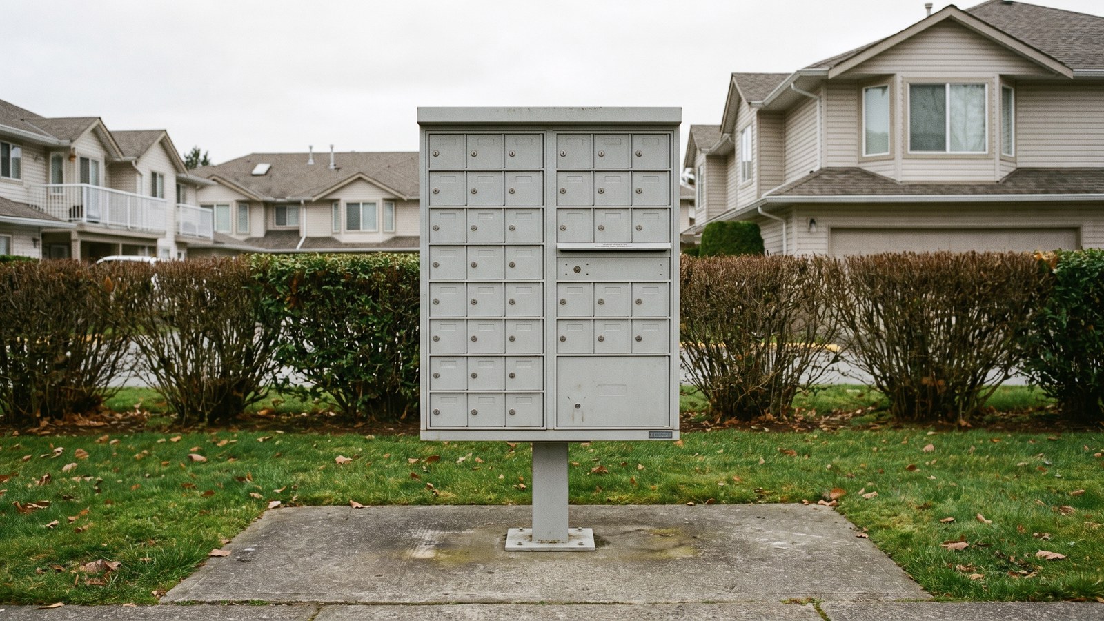 A freestanding grey metal cluster mailbox unit on a concrete pad in a residential condominium development with a low hedge behind