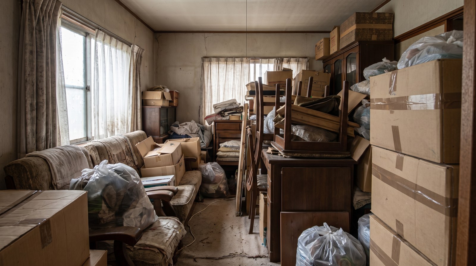 The living room of an older house stacked high with cardboard boxes, bags and old furniture, with a narrow path through the middle and light from a window
