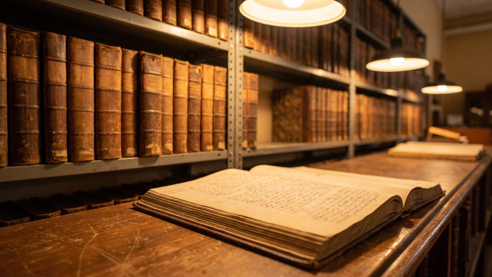 Rows of old bound record books on metal shelves, with one ledger open on a wooden counter under warm light