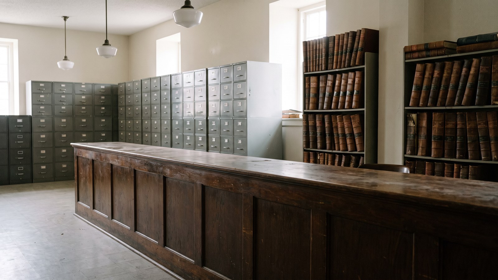 A quiet county records office with a long wooden counter, rows of tall gray filing cabinets and large bound record books on shelves