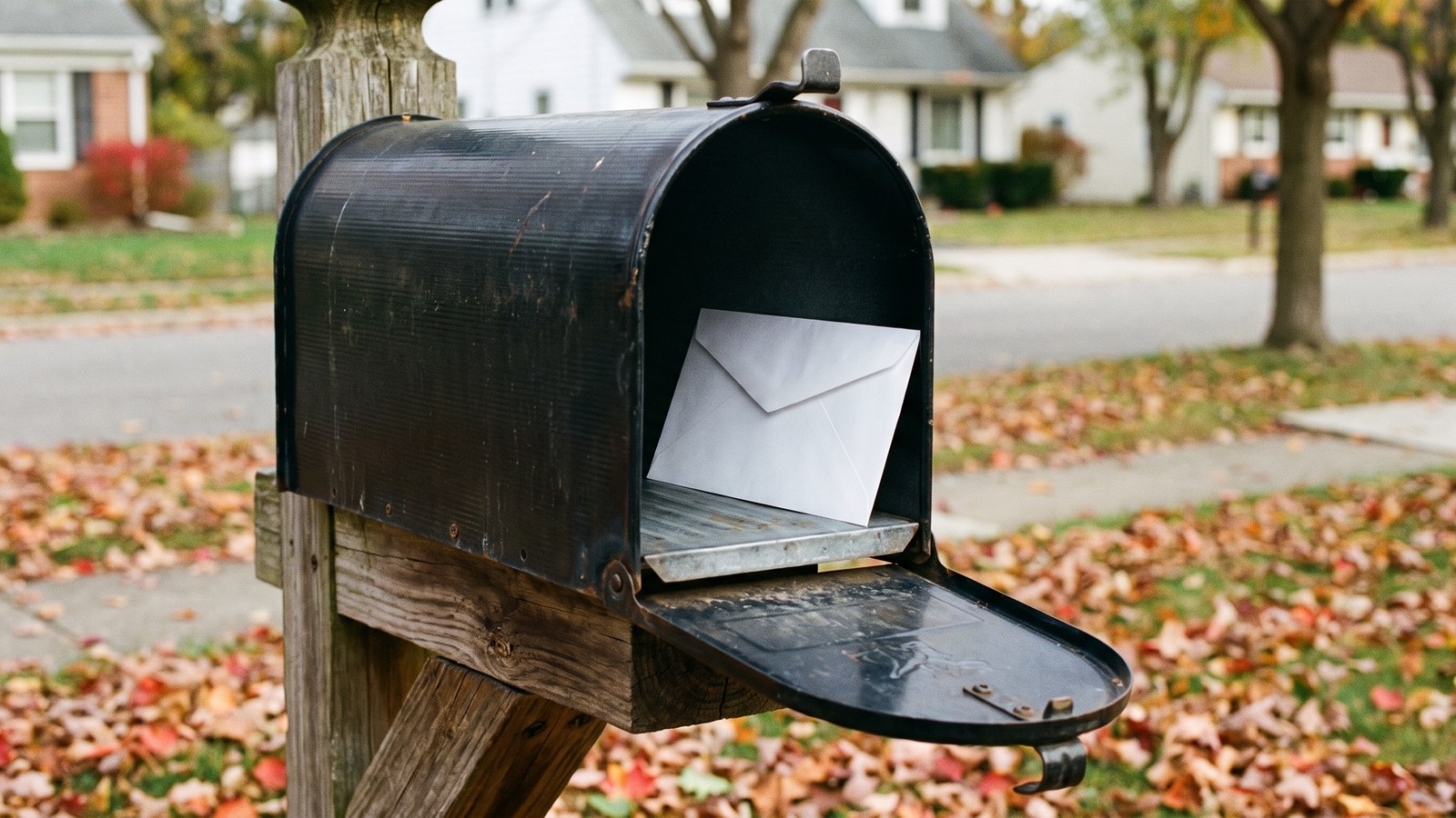 A black metal curbside mailbox on a wooden post with its door open and a single white envelope inside, with autumn leaves and a blurred suburban street behind