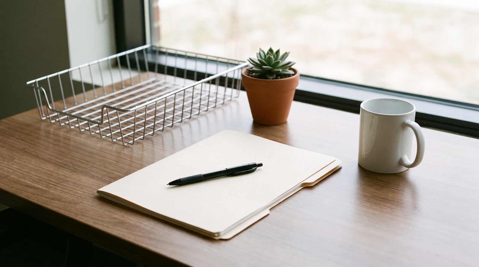 A tidy title company desk beside a window with an empty document tray, a pen and a blank folder