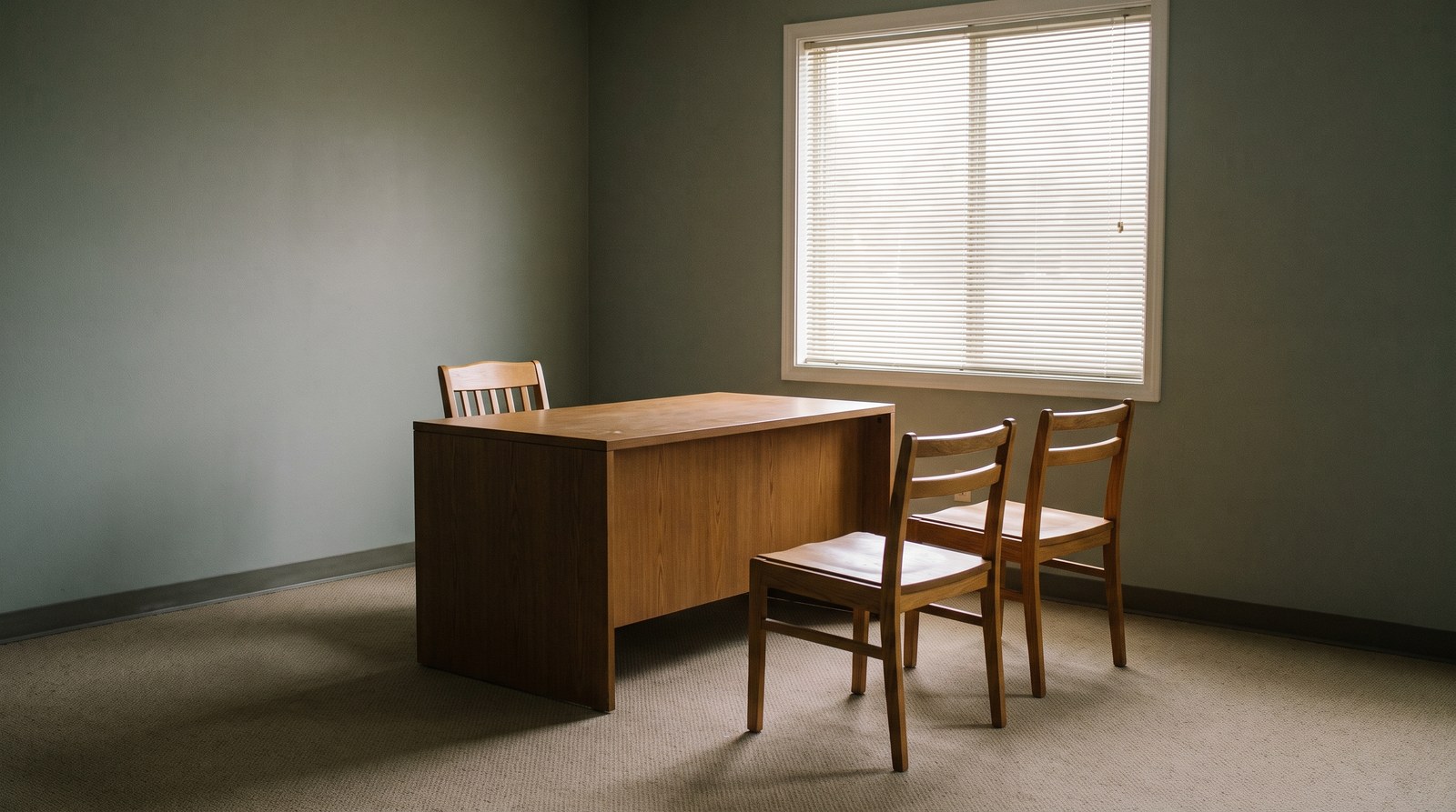 An empty real estate office with one chair behind a desk and two visitor chairs facing it