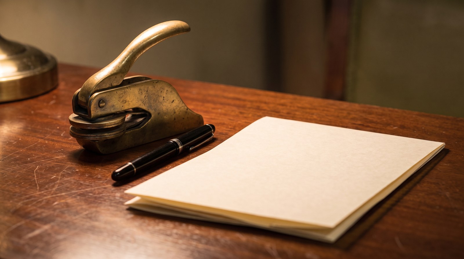 A heavy brass document embosser and a black fountain pen resting on a polished wooden desk beside a folded blank sheet of paper