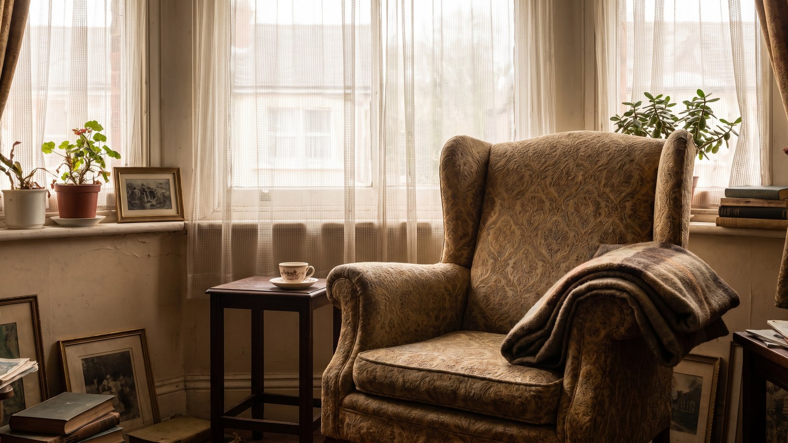 An empty upholstered armchair beside a net-curtained window with a folded wool blanket over one arm and a small side table holding an empty teacup