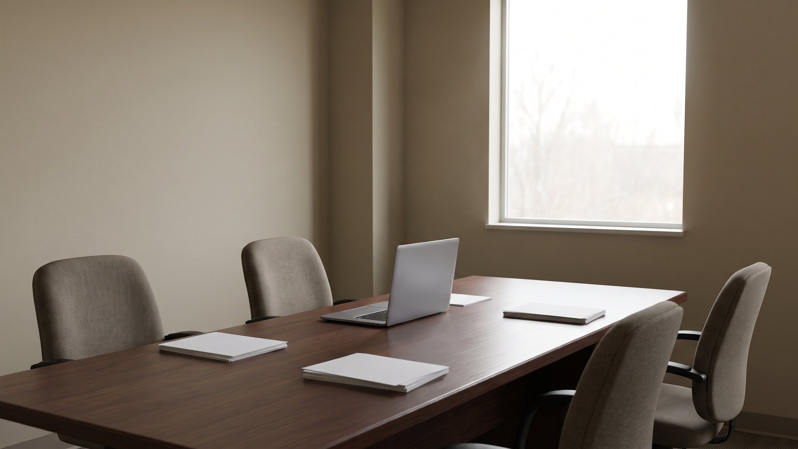 An empty small hearing room with a long wooden table, office chairs, a laptop and blank paper, with daylight from a large window