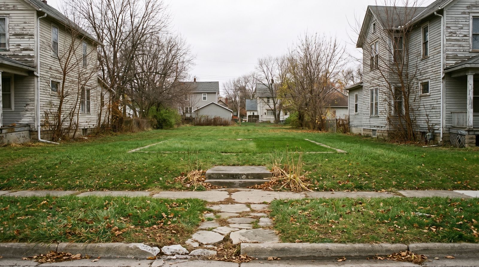 An empty grassed lot between two older houses, with the original front steps and walkway still leading in from the pavement
