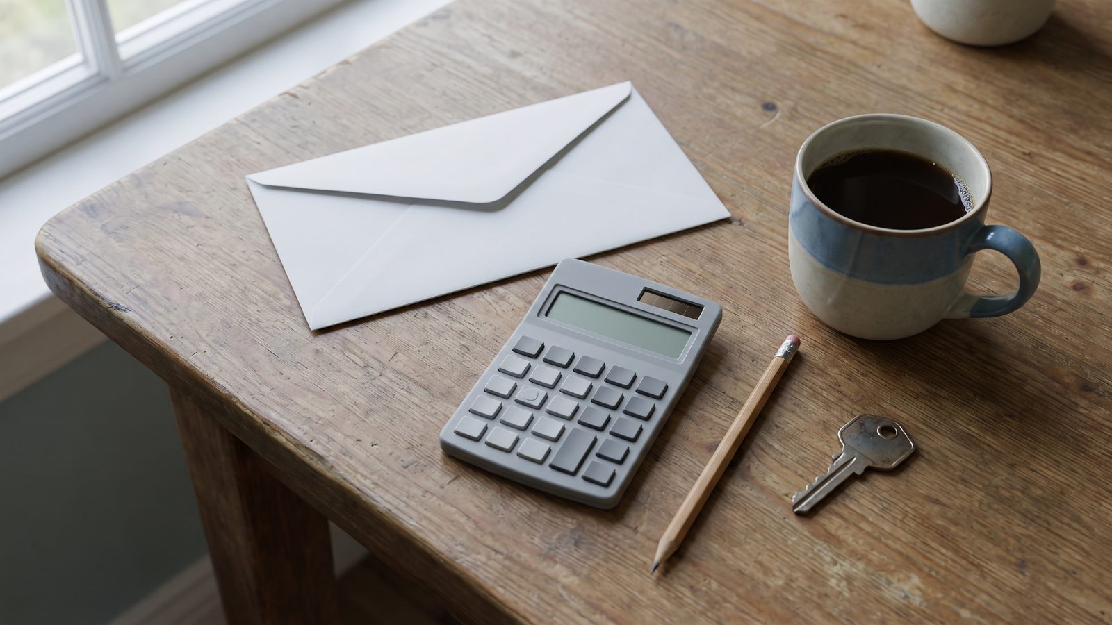 A plain white envelope, a calculator, a pencil, a cup of coffee and a single house key on a kitchen table in morning light