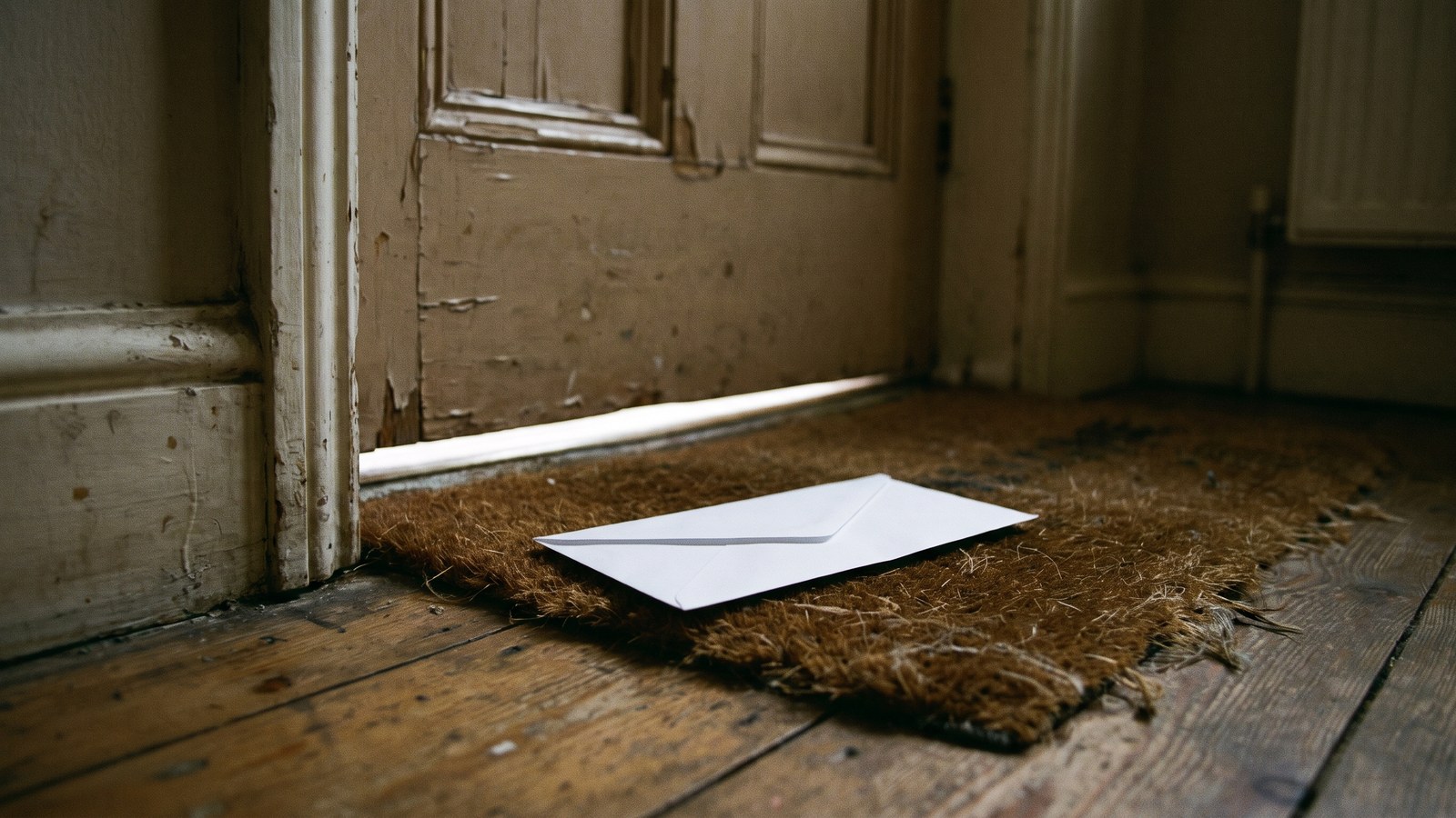 A single plain unmarked envelope lying on a worn doormat just inside a closed front door