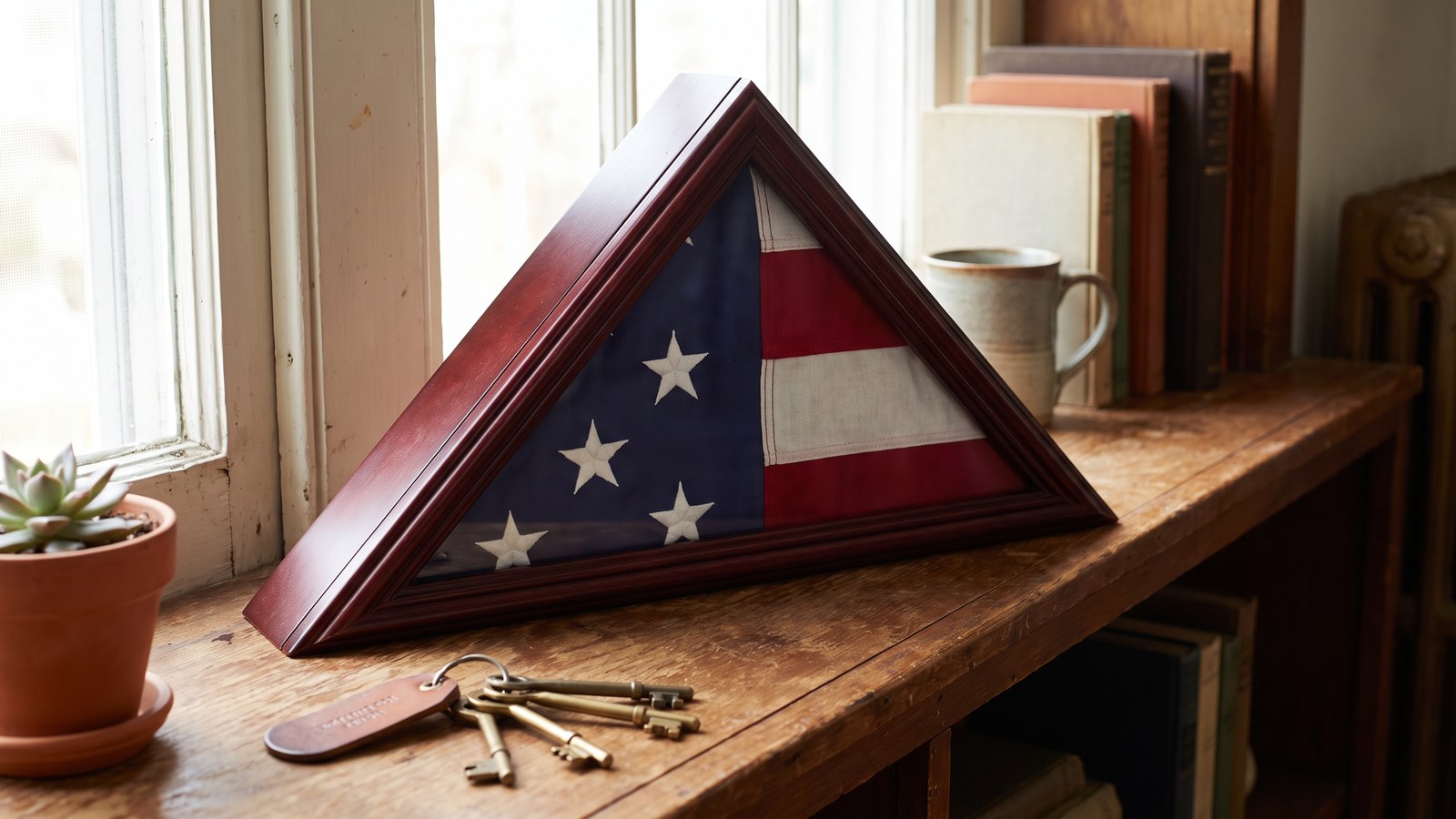 A triangular wooden display case holding a folded American flag on a shelf, next to a set of house keys and a small potted plant in soft window light