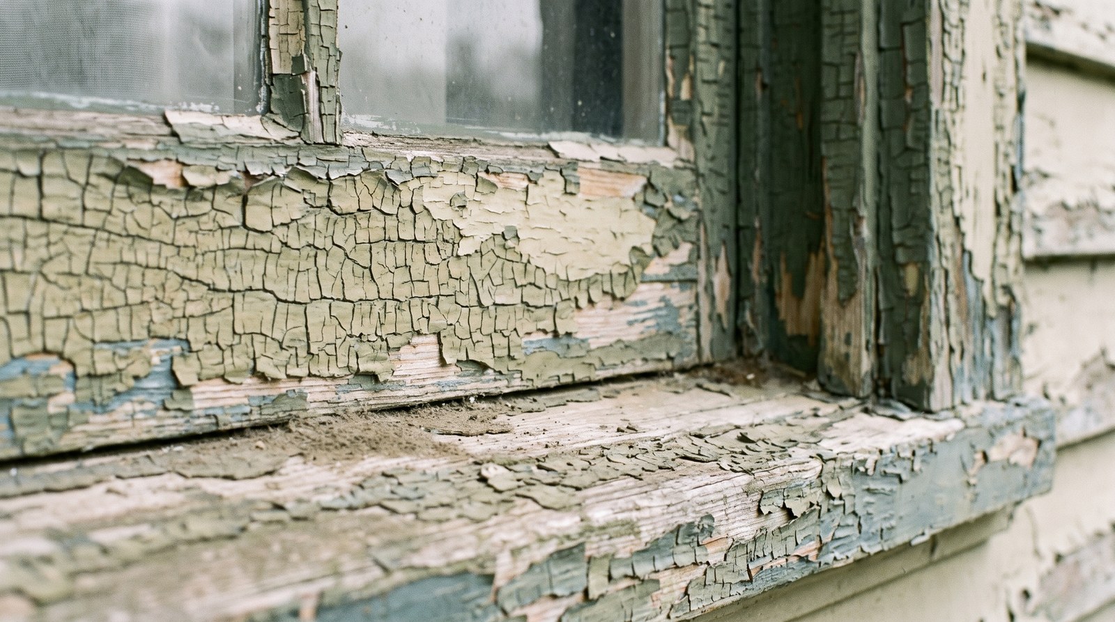 A close view of an old painted wooden window frame and sill where layers of paint have cracked and flaked into an alligator pattern revealing paler colours beneath