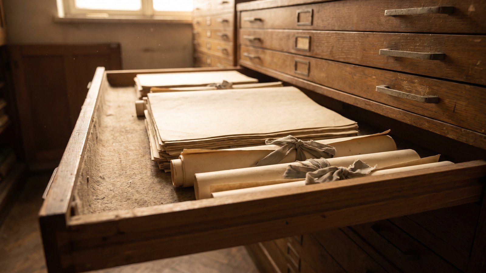 A wide wooden flat-file drawer pulled open, holding stacked aged documents and papers tied with faded ribbon