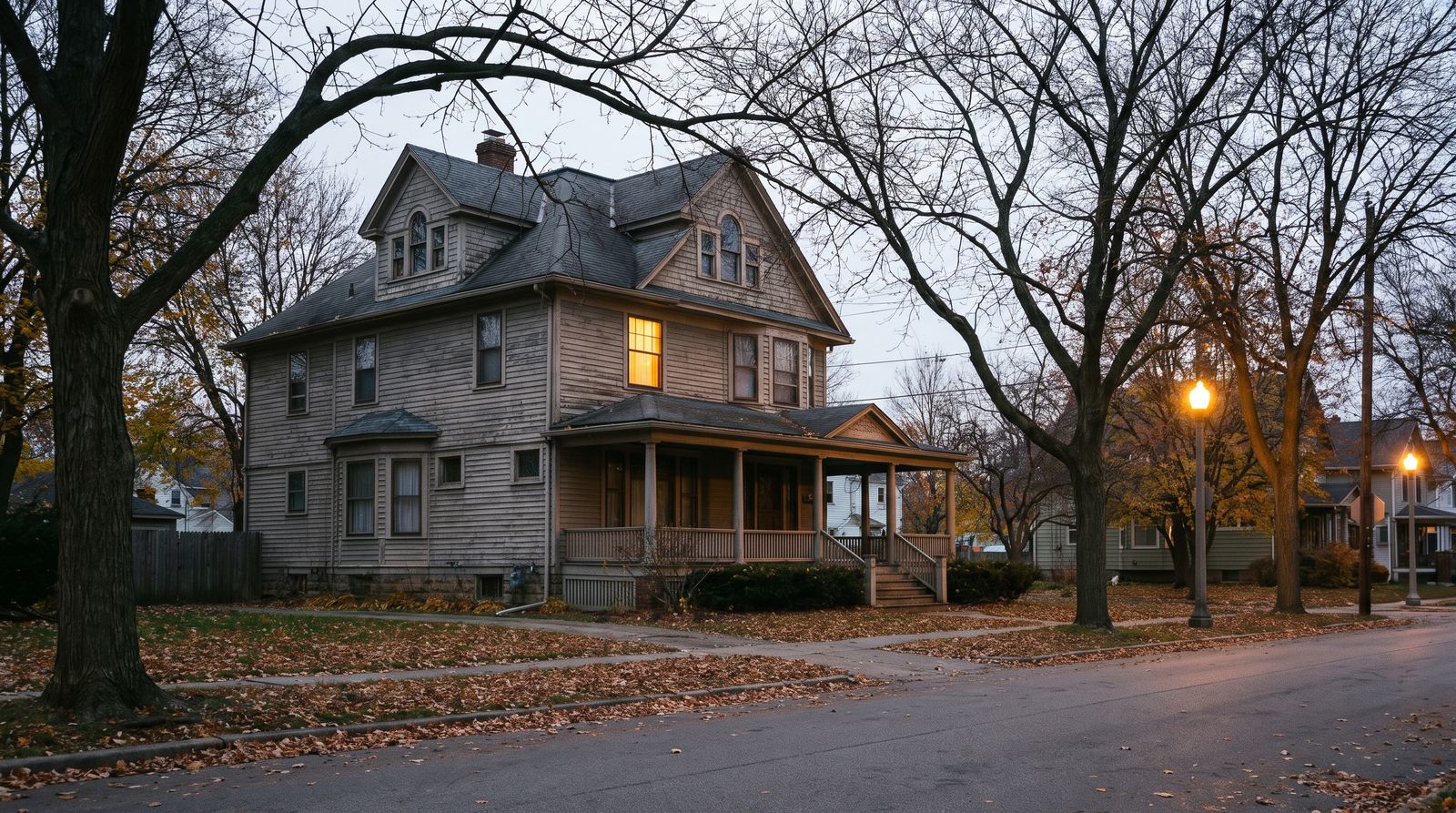 An older two-and-a-half story frame house with a wraparound front porch on a quiet street at dusk in late autumn, with bare trees, lit street lamps and warm light in one upstairs window
